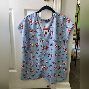 Hilary Radley Light Blue Floral V-Neck Blouse Shell with Red Flowers